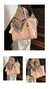 Pink canvas tote bag with large capacity, casual shoulder bag with small pouch for women daily use.