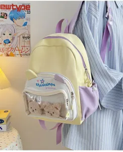 Mochila de lona estilo universitario dulce con bolsillo transparente y ositos de peluche.