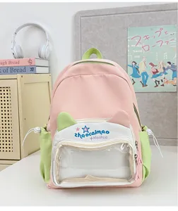 Mochila escolar de lona rosa y verde lindo diseño de orejas de gato bolsillo frontal transparente