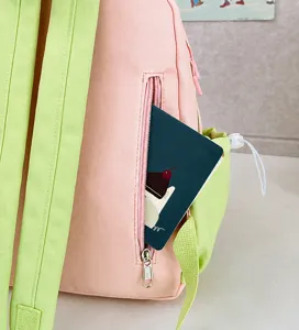 Mochila estilo universitario rosa y verde con bolsillo trasero con cremallera ligera para estudiantes