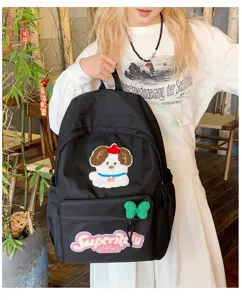Black casual canvas backpack for women, cute dog patch large capacity school book bag.