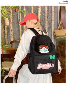 Canvas casual backpack with cute puppy embroidery and large capacity for daily use.
