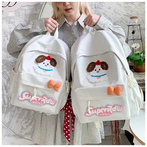 Cute Japanese style canvas backpack for women, featuring adorable dog embroidery for daily use.