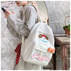 Casual white canvas backpack with cute puppy embroidery and letter patch for daily use.