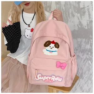 Cute pink canvas backpack with dog patch and bow, casual large capacity daily casual bag.