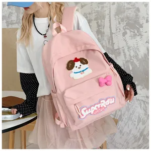 Pink cute Japanese style canvas backpack with dog embroidery, large capacity school bag.