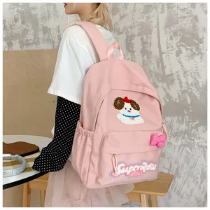 Japanese cute pink canvas backpack with dog patch, casual large capacity school bag for women.