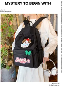 Black canvas school backpack with cute dog patch large capacity daily casual daypack for students