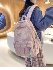 Pink sweet style printed backpack for daily student casual large capacity school bag.