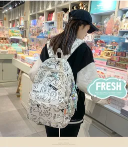 Korean style canvas backpack with cute cartoon print, large capacity student school bag.