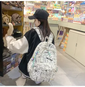Casual white doodle backpack for students, large capacity korean style school bag, stylish daily.