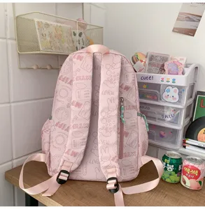 Pink sweet style cartoon bunny print backpack, casual large capacity student school bag.