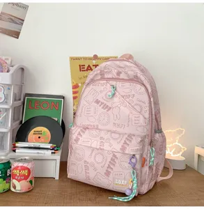 Pink canvas backpack for teen girls, cute rabbit print school bag with large capacity