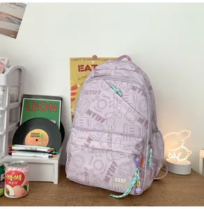 Lightweight purple candy color student backpack with cute doodles, sweet daily daypack.