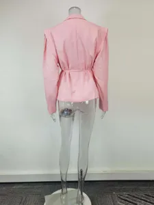 Pink belted blazer jacket for women, elegant long sleeve open front casual outerwear top.