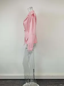 Pink belted blazer detail side view, elegant solid color women summer suit jacket.