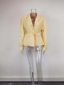 Elegant yellow belted suit collar blazer jacket for women, stylish summer commuter outerwear.
