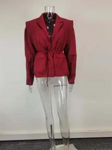Women solid color wrap belt blazer long sleeve office jacket detail view apparel item