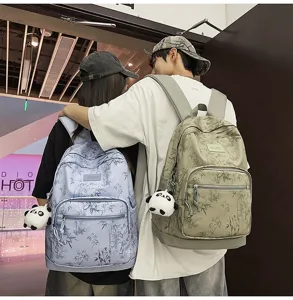 Stylish couple bamboo print canvas backpack with cute panda pendant for daily travel school bag