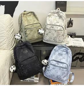 Detailed view showcasing the stylish bamboo print backpack featuring a cute panda pendant.