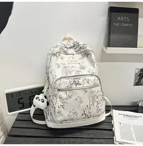 Fresh bamboo print canvas backpack casual lightweight daily school bookbag with cute panda charm