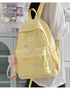 Sac à dos matelassé jaune clair avec des écus d'étoiles, cartable coréen mignon pour filles.