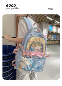 Cute Japanese ita backpack with transparent badge window, sweet bow and plush bear charm.