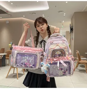 Sweet Lolita ita bag set with transparent badge window, cute pink backpack for school and daily use.