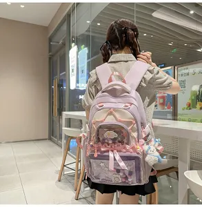 Cute Japanese style ita backpack with clear front pocket and ruffles for students daily use.