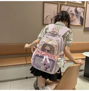 Sweet Japanese style Ita backpack with transparent front pocket, pink bow and cute bear pendant.
