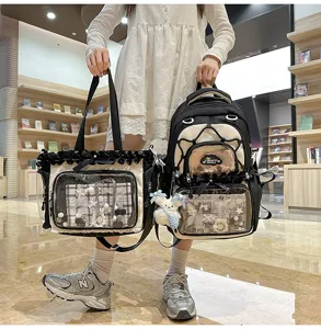 Japanese style black and white ita bag clear window tote and matching student backpack.