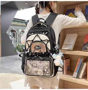 Japanese sweet transparent badge ita backpack black white school bag with cute plush pendant
