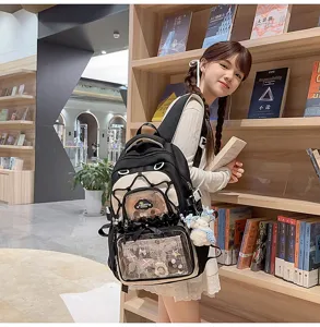 Japanese ins style transparent ita backpack for teen girls, cute black and white school bag.
