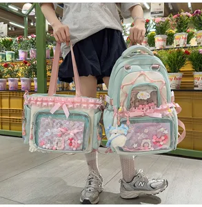 Japanese sweet style transparent ita bag backpack set mint green pink bow cute schoolbag