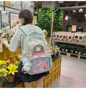 Pastel green anime ita backpack with clear window, sweet school bag for teens and students.