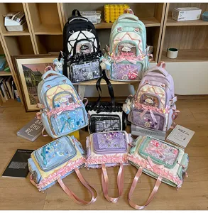 Japanese sweet style clear ita backpack detail, multi-color school bag with transparent window.