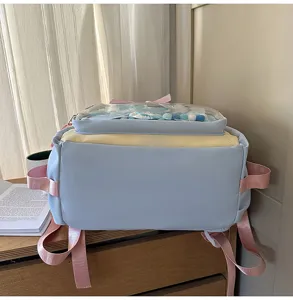 Japanese style pastel blue yellow ita bag with clear window and pink straps detail.