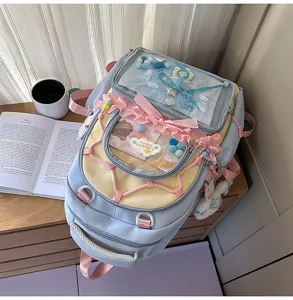 Close-up detail shot showing sweet Japanese style transparent pocket backpack with ribbon decor.