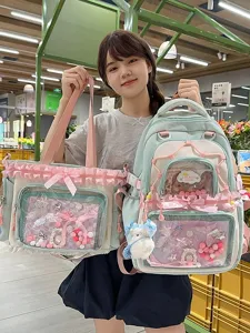 Ins Style Sweet Transparent Ita Bag Backpack Casual Nylon School Bag With Cute Pendant For Women Teens