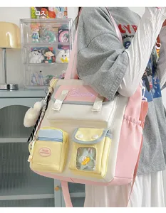 Japanese sweet colorblock canvas tote bag with transparent pocket, cute student shoulder bag.
