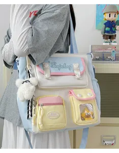 Japanese style sweet color block multi-pocket shoulder bag cute canvas student crossbody bag