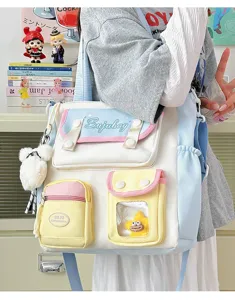 Cute Japanese ins style color block canvas shoulder bag, sweet student messenger bag for daily use.