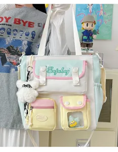 Detailed view of the Japanese style color-block canvas tote bag with multiple cute pockets.