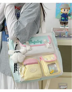 Japanese style color-block canvas messenger bag for women, cute commuter tote with multiple pockets.