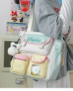 Japanese ins style colorblock canvas shoulder bag with multiple pockets and cute bear charm