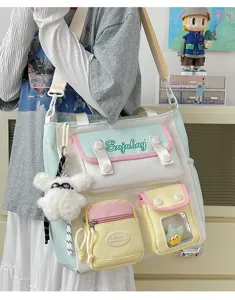 Japanese canvas cross body bag multi pocket sweet color block school bag for girls daily commute