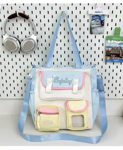 Sweet Japanese style colorblock canvas tote crossbody bag with multi pockets for daily commute.