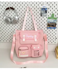 Pink canvas tote bag, sweet college style crossbody bag with multi pockets and clear window.