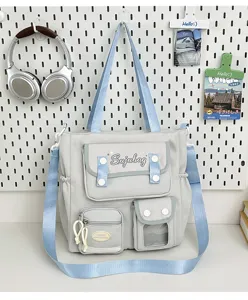 Japanese style canvas crossbody bag with multi pockets, light sweet shoulder bag for daily commute.