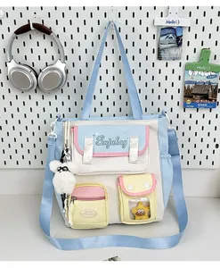Canvas Crossbody Bag Japanese Style Colorblock Tote Multi-Pocket Shoulder Bag Light Blue